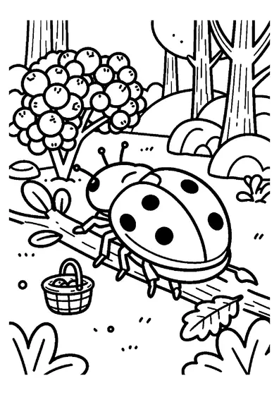 Una coccinella posata su un arbusto di frutti di bosco in un sottobosco primaverile.