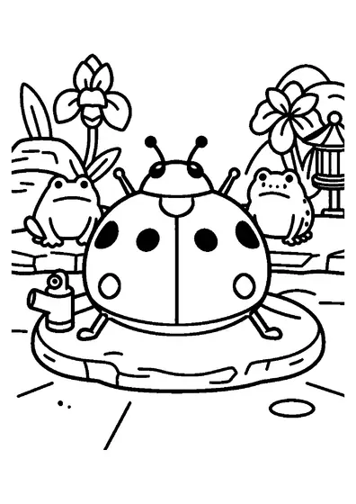 Una coccinella riposa su pietre disposte accanto a uno stagno da giardino.