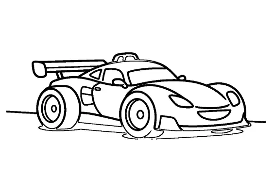 Carro desportivo de corrida com um grande spoiler traseiro e rodas distintas, um desenho limpo para as crianças colorirem