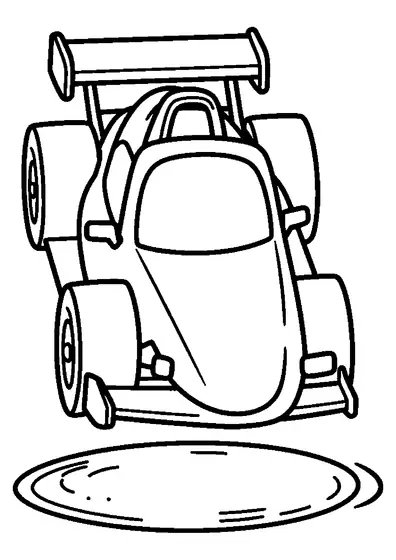 Una grande auto da corsa Formula dal muso stretto si trova accanto a un piccolo stagno.