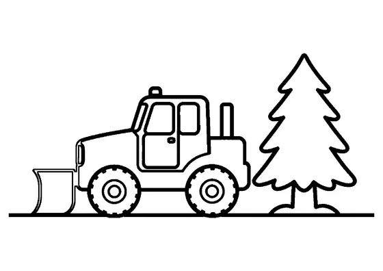 Uma grande máquina de neve remove a neve ao lado de um pinheiro pequeno.