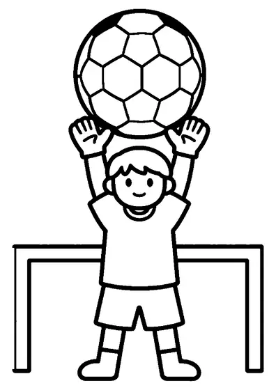 Um pequeno guarda-redes segura a bola com as duas mãos à altura do joelho.