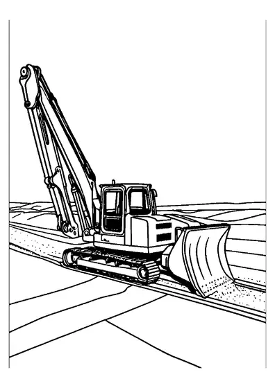 Máquina canalizadora em esteiras prepara um canal de drenagem, máquina de construção com uma grande cabine e lâmina cria áreas limpas para colorir.