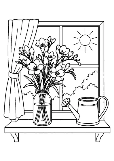 Freesia bouquet in a clear jar on a windowsill with a curtain, watering can, sun, and shrubs outside.
