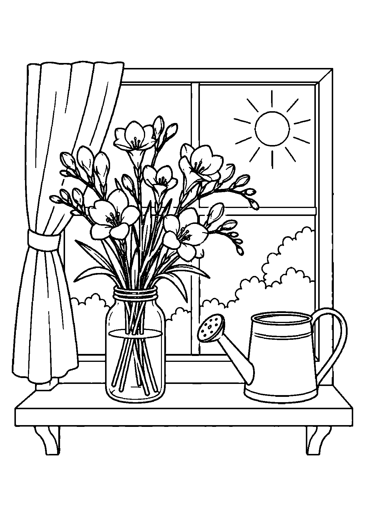 Freesia bouquet in a clear jar on a windowsill with a curtain, watering can, sun, and shrubs outside.