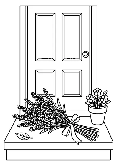 Tied lavender bouquet on a wide doorstep before a paneled door, with a small flower pot and one loose leaf.