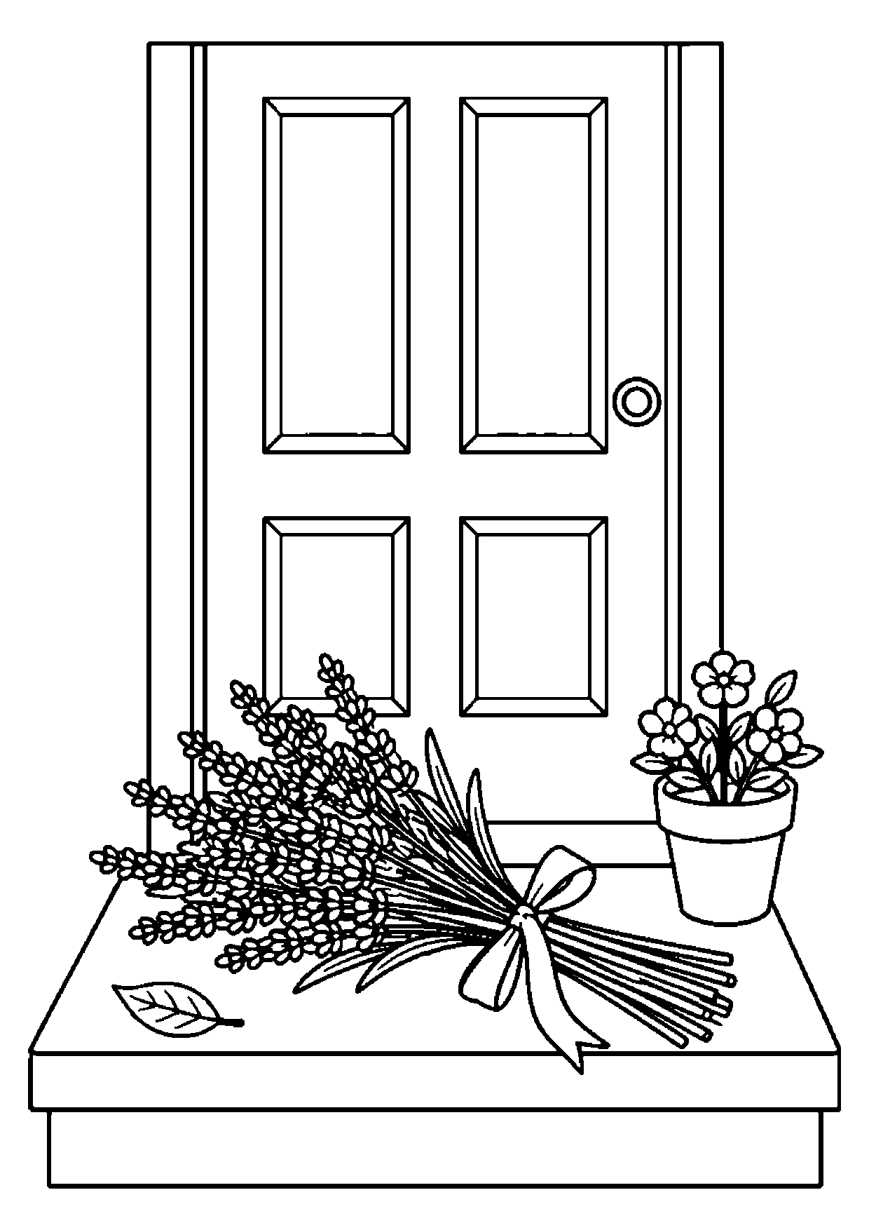 Tied lavender bouquet on a wide doorstep before a paneled door, with a small flower pot and one loose leaf.