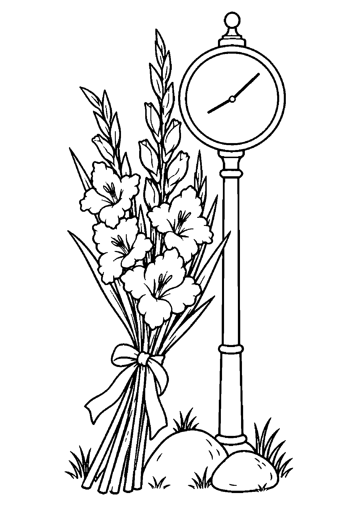 Tall gladiolus bouquet beside a round garden clock on a post, with two stones and small grass tufts.