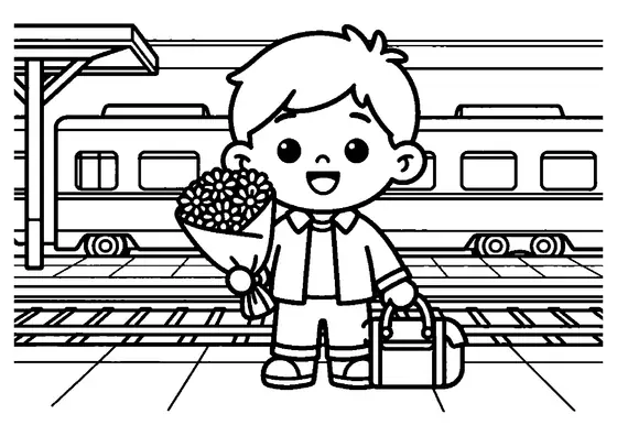 Ein Junge mit zerzaustem Haar steht an einem kleinen Bahnhof neben einem Strauß Astern.