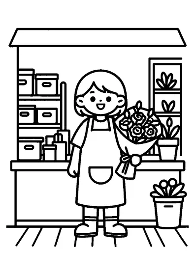 Eine lächelnde Floristin hält an einer Ladentheke voller Geschenkpapier einen Strauß aus Rosen und Schwertlilien.