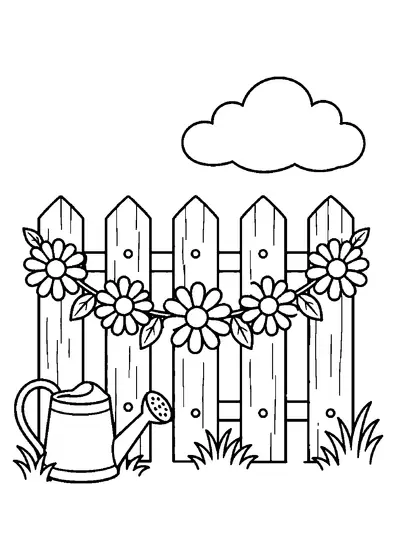 Large daisy garland draped over a short wooden fence with a watering can, one cloud, and grass tufts.