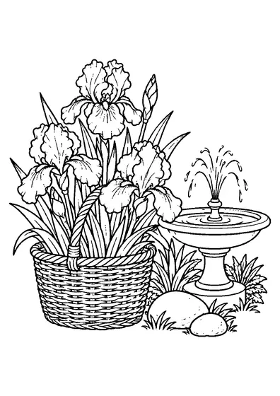 Wicker basket filled with large irises beside a round pedestal fountain, two stones, grass, and small plants.