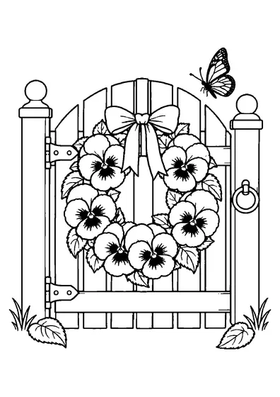 Round pansy wreath hanging on a garden gate with a bow, butterfly, and leaves around the flowers.