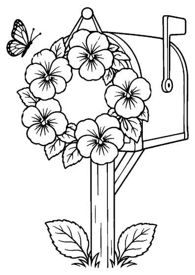 Round violet flower wreath on a simple mailbox with a butterfly to the left and two large leaves near the post.
