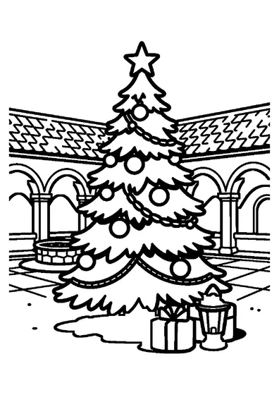 Ein geschmückter Weihnachtsbaum mit Geschenken und Laterne steht im verschneiten Kreuzgang eines Klosters.