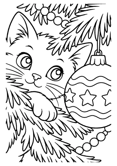 Curious fluffy kitten peeking out between Christmas tree branches next to a large bauble with stars and a bead garland
