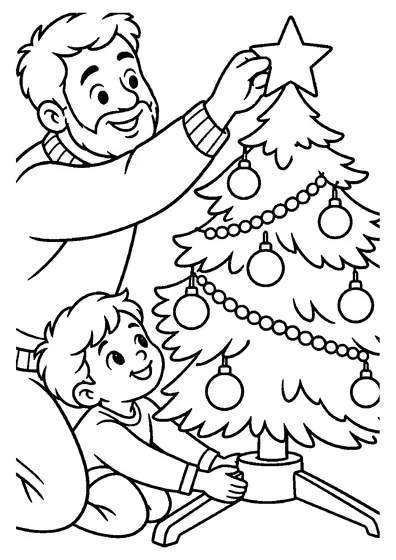 A bearded dad adjusts the star on top of a Christmas tree while a smiling boy kneels and holds the tree stand