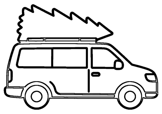 Uma minivan com um pinheiro preso ao tejadilho viaja por uma estrada de inverno.