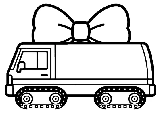 Um transporte de neve decorado com um grande laço atravessa uma nevasca.