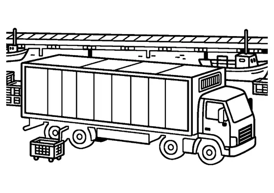 A refrigerated truck parked at a harbor fish market beside crates and a handcart.