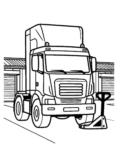 A semi-truck tractor waiting by warehouse loading docks beside a pallet and a handcart.