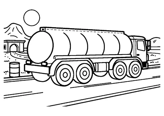 Un camion-citerne d'eau sur une aire de repos sèche au bord d'une route, avec des tonneaux et une large barrière.