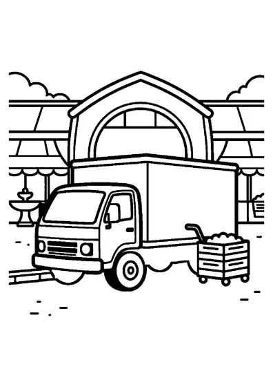 Un camion de livraison sur le parvis d'un marché, avec un diable et des caisses de légumes.