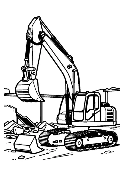 A tracked excavator stands at a demolition site beside a bucket and a piece of concrete.