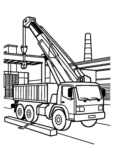 A truck-mounted crane stands at a precast concrete plant beside a concrete beam.