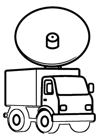 Veículo de comunicação com uma antena grande e complexa visto da frente.