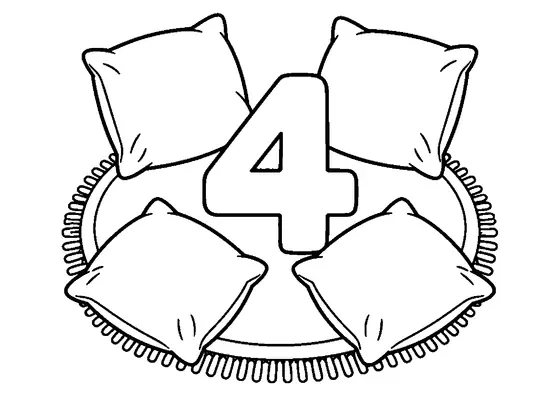 Large number 4 centered among four simple cushions arranged on a small round rug with a fringed edge.