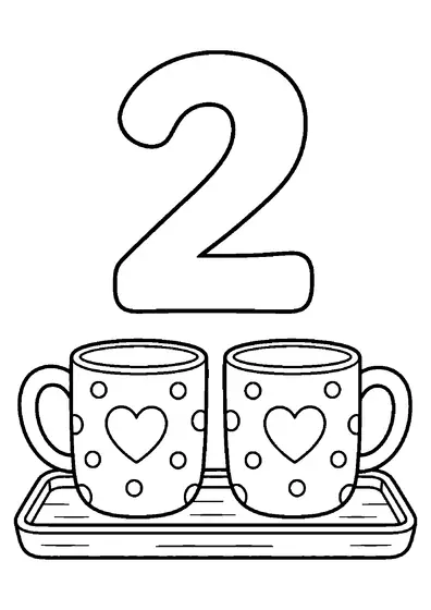 Large number 2 above two handled mugs standing side by side on a small rectangular tray with heart and dot decorations.