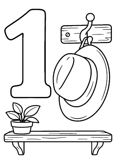 Large number 1 beside one wide-brimmed hat on a wall hook, with a small shelf and potted plant below.