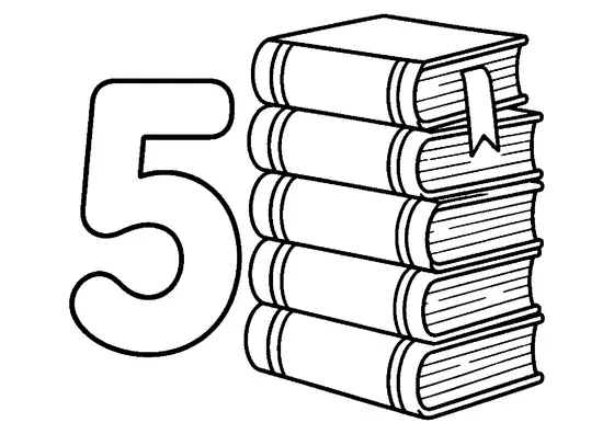 Large number 5 beside a vertical stack of five large books with one plain bookmark sticking out near the top.