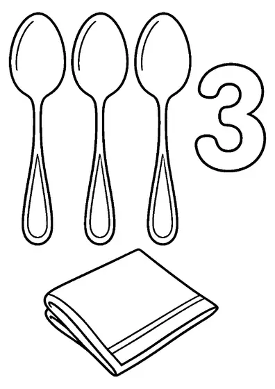 Large number 3 beside three upright spoons arranged in a row, with one neatly folded napkin below them.