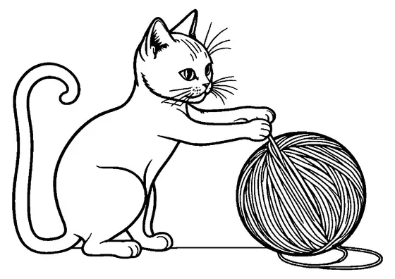 Um gatinho está a pegar numa grande bola de lã com as patas dianteiras, criando um desenho limpo com grandes áreas para colorir para as crianças.