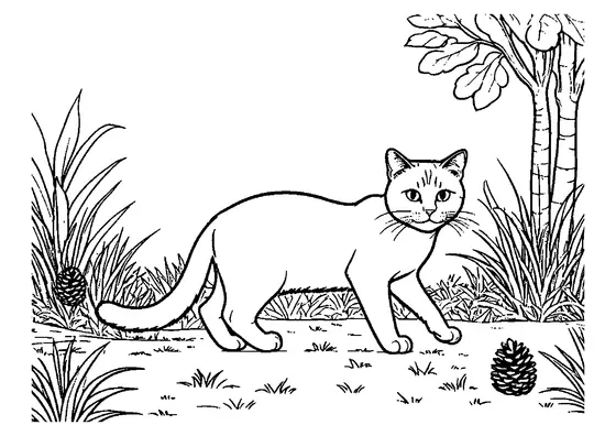 Um gatinho esgueira-se por um trilho em direção a uma pinha, com grandes áreas brancas no corpo e na cabeça que facilitam a coloração confortável.