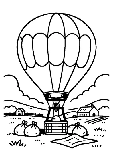 Ein großer Heißluftballon über einer Wiese, mit Plane, Säcken, Bauernhof und Hügeln im Hintergrund.