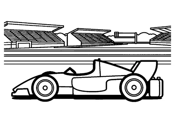 A formula race car with a large rear wing parked on the track near the grandstands and pit lane.