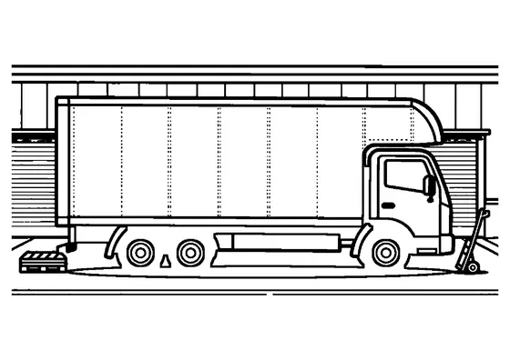 Dibujo para colorear de un gran camión frigorífico estacionado en el muelle de carga de un almacén.