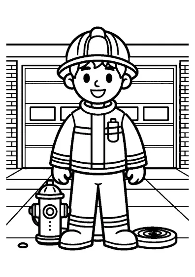 Dibujo para colorear de un bombero con uniforme y casco ante el parque de bomberos.