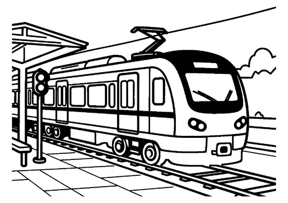 Dibujo para colorear de un moderno tren eléctrico de pasajeros junto al andén de la estación.