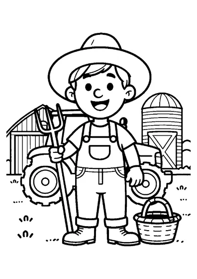 Desenho para colorir de um camponês ao lado de uma carroça cheia de grãos no campo.