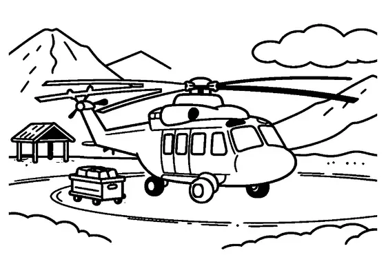 Ein Rettungshubschrauber mit Ausrüstung auf einem verschneiten Landeplatz zwischen hohen Berggipfeln.