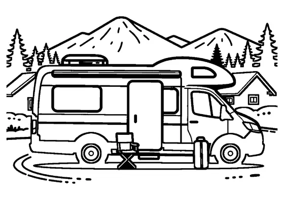 A camper van parked beside a wooden mountain lodge among fir trees and snow-covered peaks.