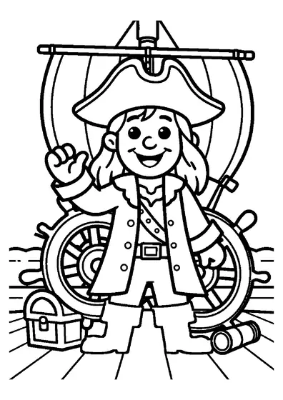 Desenho para colorir de um capitão pirata ao lado do leme de um navio.