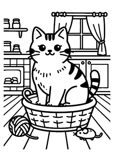 A cat sits in a basket beside a kitchen stove, a ball of yarn, and a shelf.