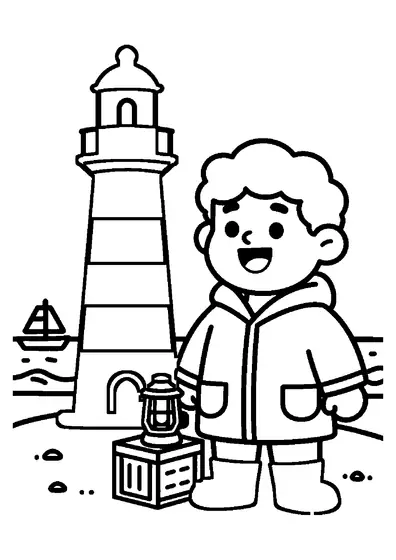 Un farero en una playa de arena junto a un faro, sosteniendo un farol metálico cerca de una caja de madera.