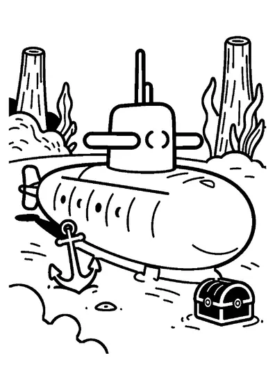 A submarine traveling above the seabed beside an anchor and part of a shipwreck.