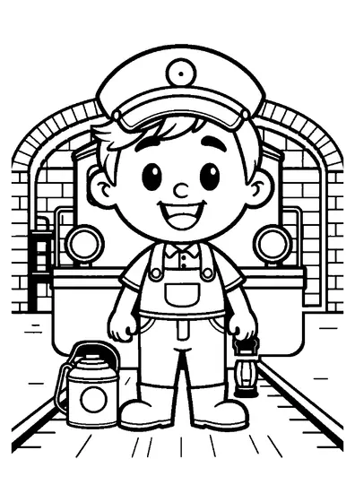 Colorir para imprimir com um maquinista de pé ao lado de uma locomotiva a vapor.